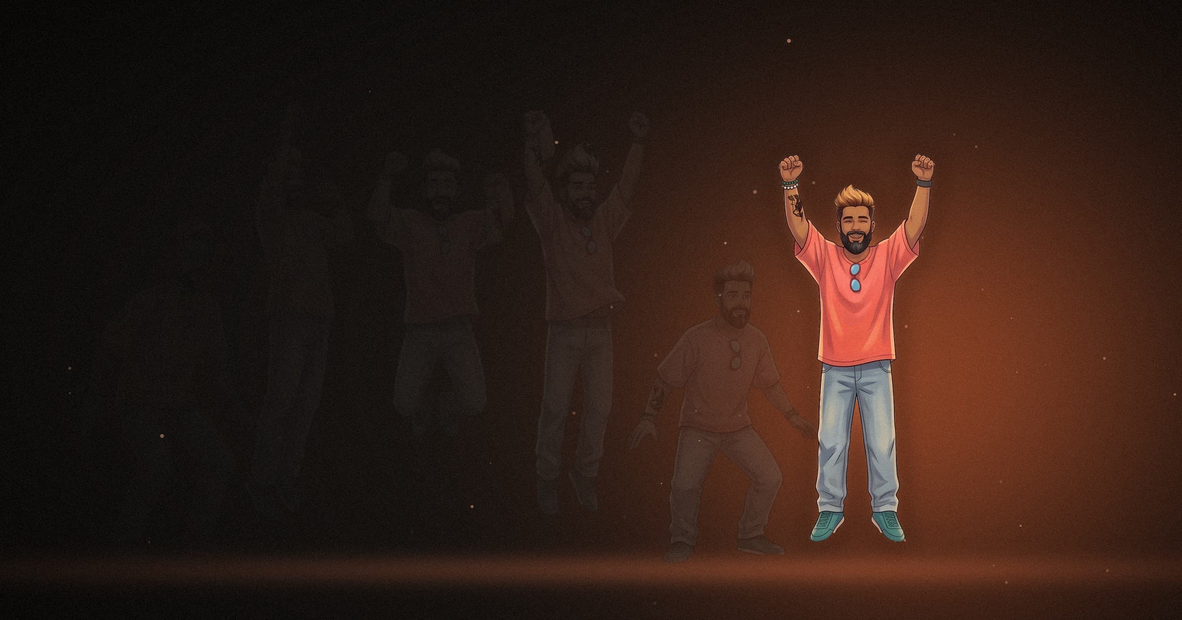 My anime self jumping across a dark, warm frame, drawn pose by pose: faded drawings of the crouch, take-off and landing lead into the last drawing, fists up, lit by a terracotta glow.